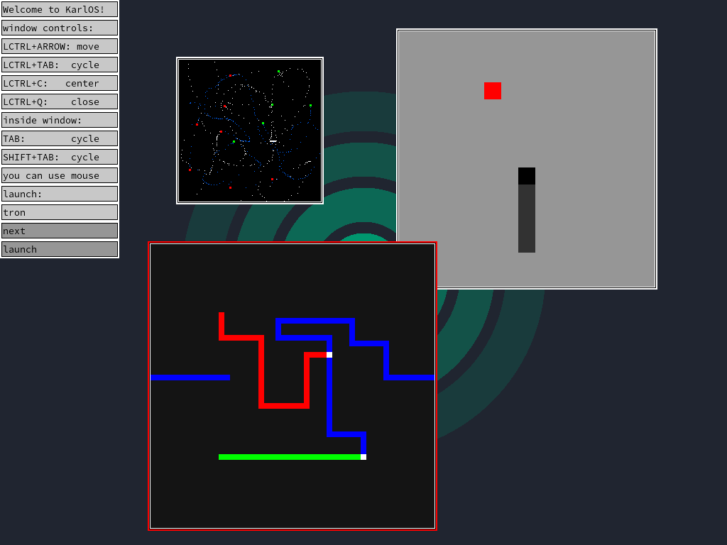 KarlOS desktop with several game windows opened: a paint canvas, a tron game, and a snake game.