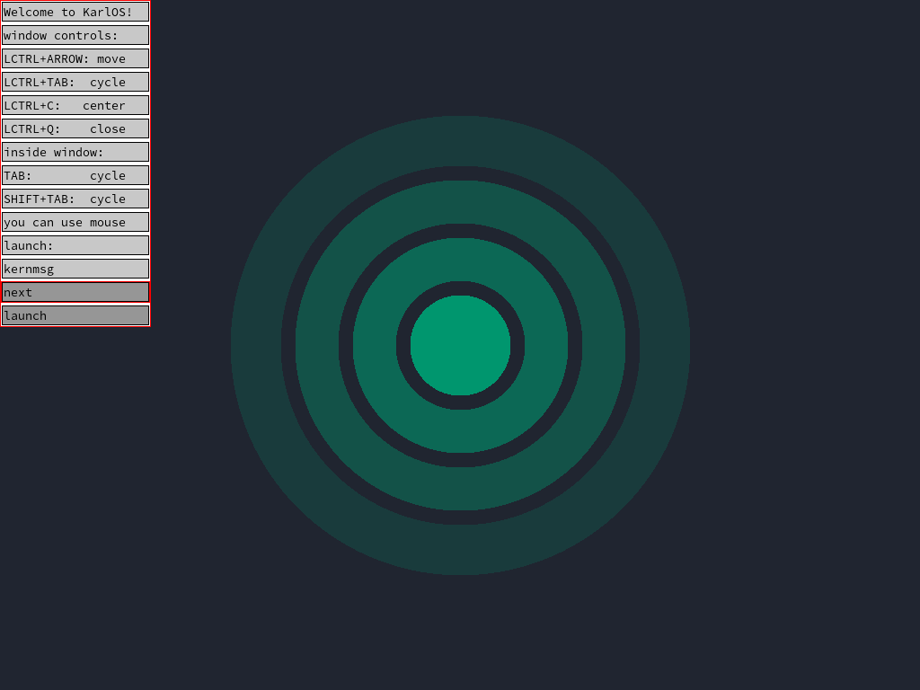 The desktop of KarlOS. Shows the KarlOS logo in the center, as well as the app launcher on the top left.