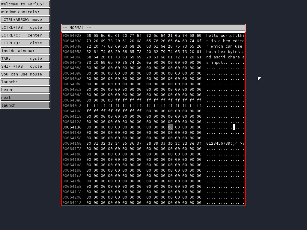 KarlOS desktop with hex editor window.